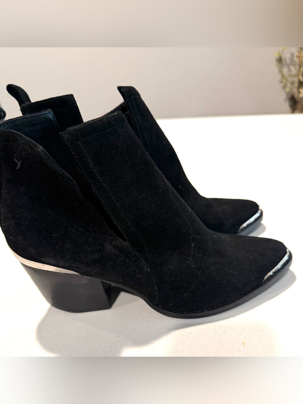 Catherine Malandrino Black Suede Ankle Boots with Silver Toe